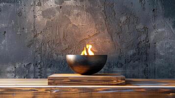 een strak en elegant brand bol zit boven een houten platform haar vlammen dansen tegen de backdrop van een getextureerde industrieel muur. 2d vlak tekenfilm foto