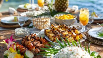 een tafel reeks voor een strand picknick met tropisch geïnspireerd gerechten Leuk vinden kokosnoot rijst- en gegrild ananas spiesjes foto