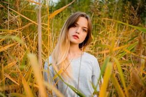 mooi jong meisje vervelend blanco grijs t-shirt en zwart jeans poseren tegen hoog groen en geel gras in vroeg warm herfst. buitenshuis portret van mooi vrouw model- foto