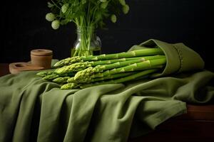 een TROS van levendig groen asperges geregeld netjes Aan een tafel oppervlak. foto