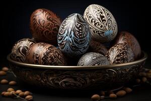 een groep van kleurrijk Pasen eieren zittend De volgende naar elk andere in een netjes rij. foto