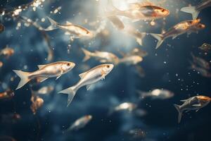 een TROS van vis zwemmen nauw naast elk andere in de oceaan. foto