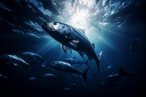 een groot groep van vis zwemmen samen in de enorm uitgestrektheid van de oceaan, in beweging in eenstemmig door de Doorzichtig blauw water. foto