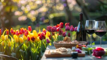 perfect foto, voorraad stijl foto elegant buitenshuis dining reeks te midden van kleurrijk tulpen, met een mand met wijn en fijnproever snacks