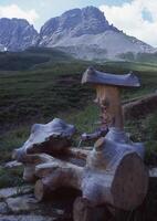 een houten beeldhouwwerk van een Mens zittend Aan een log foto