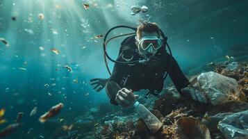 scuba duiker verzamelt plastic brokstukken, Doorzichtig blauw water, milieu behoud thema foto