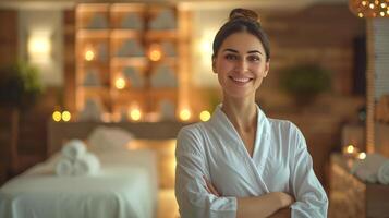 glimlachen vrouw in een wit gewaad staand vol vertrouwen in een sereen spa milieu met zacht verlichting, suggereren ontspanning en welzijn gedurende zelf zorg bewustzijn maand foto