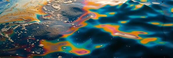 olie morsen Aan oceaan oppervlak, regenboog glans, milieu ramp foto