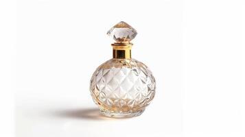 elegant glas parfum fles met een gouden pet Aan een wit achtergrond foto