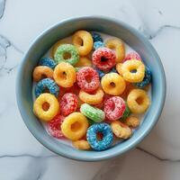 kom van fruit loops geïsoleerd Aan wit achtergrond met schaduw. fruit loops ontbijtgranen top visie foto