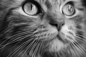 artistiek zwart en wit foto van een katten gezicht, benadrukkend de elegant Kenmerken en geest van katten Aan hun dag