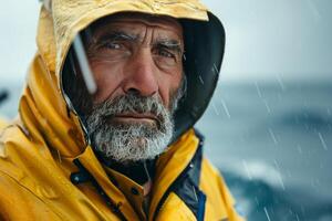 gedetailleerd portret van een grijs visser in regen versnelling, een gekruid pro tegen een stormachtig zee achtergrond foto