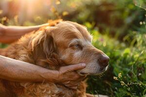 ouderen hond wezen voorzichtig geaaid in een zonnig tuin, gekoesterd en geliefde Aan Internationale hond dag foto