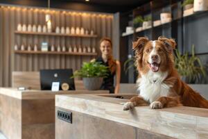 ontvangst Oppervlakte van een hoog einde hond hotel, met een conciërge groet nieuw hoektand aankomsten, professioneel en vriendelijk foto