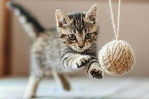 speels katje jumping met een bal van garen, midden actie schot, vieren Internationale kat dag foto