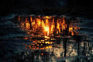 vlammen weerspiegeld in een rivier- Bij nacht, surrealistische en beangstigend schoonheid van brand in natuur foto