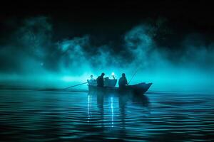 nacht visvangst tafereel met professionals gebruik makend van lichten naar aantrekken vis, mysterieus en gloeiend Aan de water foto