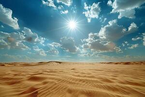 zon gebakken woestijn met een luchtspiegeling glinsterende in de afstand, een overweldigend zin van warmte foto