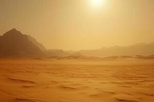 zon gebakken woestijn met een luchtspiegeling glinsterende in de afstand, een overweldigend zin van warmte foto