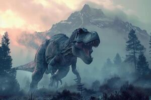 groot eng hongerig dinosaurus met soort ogen en scherp tanden vernietigen park foto
