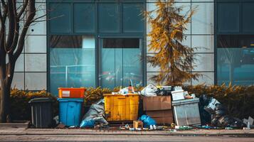 medisch verspilling stapelen omhoog buiten een ziekenhuis, gezondheidszorg systeem spanning foto