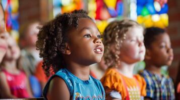 een groep van kinderen deelnemen in een zondag school- les Bij kerk foto