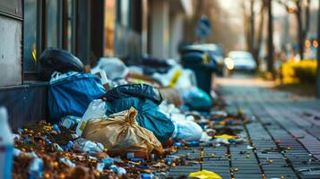 medisch verspilling stapelen omhoog buiten een ziekenhuis, gezondheidszorg systeem spanning foto