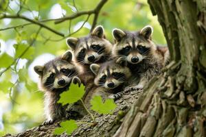 familie van wasberen ineengedoken in de schaduw van een boom, op zoek uitgeput van de warmte foto