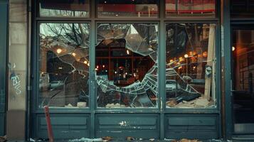 gebroken venster van een vernield winkelpui foto