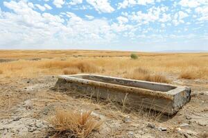 leeg water trog in een droog veld, bewijs van droogte in aansluiting op extreem warmte, troosteloos landschap foto