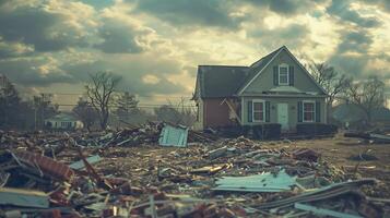 eenzaam huis staand na een verwoestend tornado, puin verspreide in de omgeving van foto