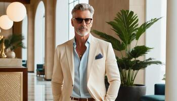 elegant senior Mens met elegant grijs haar- poseren vol vertrouwen in een chique interieur, vertegenwoordigen luxe, pensioen levensstijl, en volwassen mode concepten foto