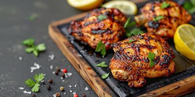 gegrild kip dijen gegarneerd met peterselie Aan een rustiek houten bord, ideaal voor zomer barbecues en buitenshuis dining concepten foto