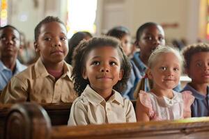 een groep van kinderen deelnemen in een zondag school- les Bij kerk foto