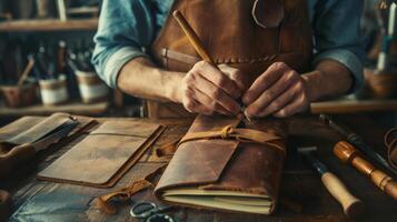 ambachtelijk creëren handgemaakt leer tijdschriften, dichtbij omhoog van gereedschap Aan een rustiek werkplaats tafel foto