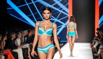 elegant model- presentatie van turkoois lingerie Aan een mode landingsbaan, met attent publiek in achtergrond, verwant naar mode week en haute couture evenementen foto