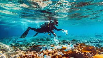 scuba duiker verzamelt plastic brokstukken, Doorzichtig blauw water, milieu behoud thema foto