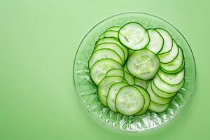 gesneden komkommer Aan glas bord geïsoleerd Aan een licht groen helling achtergrond foto
