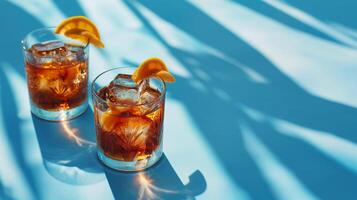 twee bril van bevroren thee met citroen garneer Aan een blauw achtergrond met palm schaduw, oproepen tot zomer verfrissing en zwembad ontspanning concepten foto