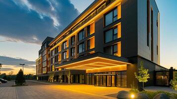 modern hotel buitenkant Bij schemer met verlichte LED verlichting, reflecterend luxe accommodatie concept, ideaal voor bedrijf reizen of stedelijk toerisme foto