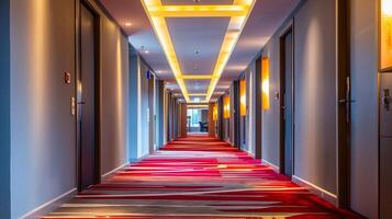 modern hotel gang met levendig tapijt en verlichte plafond, concept van reis, bedrijf reizen, en accommodaties foto