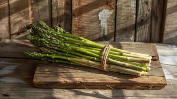 biologisch asperges bundel Aan oud hout, ochtend- licht afgietsels zacht schaduwen foto