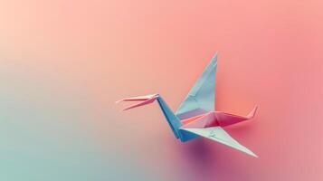 delicaat origami kraan Aan een zacht pastel achtergrond, ingewikkeld papier kunst foto