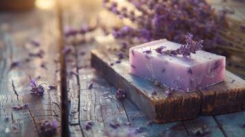 handgemaakt lavendel zeep weergegeven Aan rustiek houten tafel, vroeg ochtend- markt licht, leeg ruimte voor tekst foto