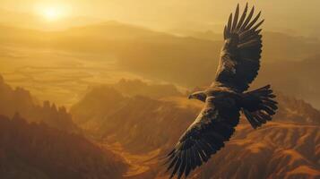 majestueus adelaar stijgend bovenstaand een berg reeks Bij dageraad warm zonlicht verhelderend haar verspreiding Vleugels foto