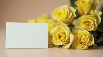 mockup van een wit kaart naast geel roos boeket, zacht pastel tonen foto
