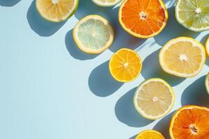 citrus plakjes lay-out Aan een blauw naar wit helling achtergrond foto