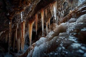 Aan thema van een groot mooi scherp stalactieten hangende naar beneden van diep berg grot foto