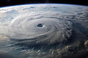 eng reusachtig orkaan tyfoon over- oceaan, apocalyptisch dramatisch achtergrond foto