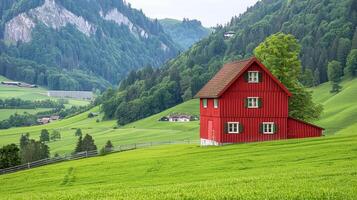 pittoreske Zwitsers platteland traditioneel rood land huis temidden van weelderig groen gras foto